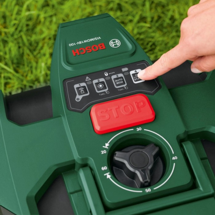 Dettaglio: Robot tagliaerba Bosch VISIMOW18V-100 con comandi e regolazione altezza di taglio.