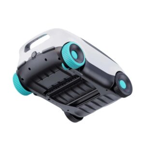 Parte inferiore di un robot per la pulizia della piscina con ruote turchesi.