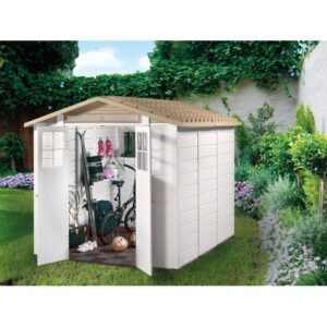 Casetta da giardino in plastica Garofalo Tuscany Evo 240 con porte aperte e attrezzi da giardino.
