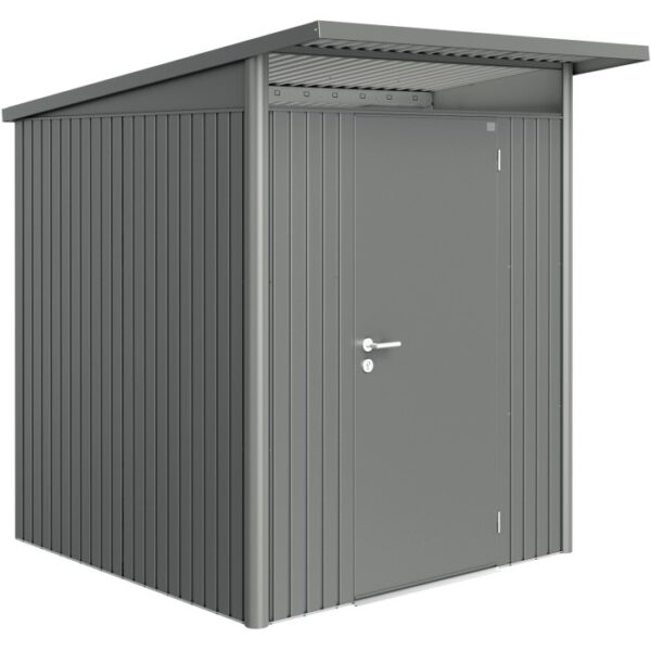 Casetta da giardino in metallo grigio con porta e tetto. Ideale per riporre gli attrezzi da giardino.