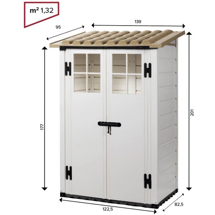 Casetta da giardino Garofalo Tuscany Evo, 122,5x82,5x201 cm, in metallo, bianco-beige. Casetta con doppia porta e finestre.