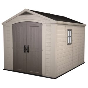 Casetta da giardino in plastica Keter, 8,1 m², marrone-beige con doppia porta e finestra.