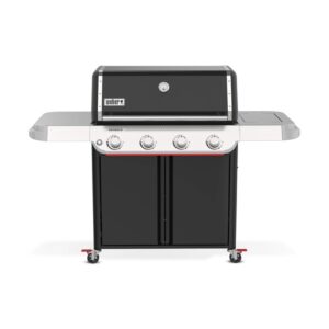 Barbecue a gas nero t.b.t. con tre bruciatori e ripiani laterali.