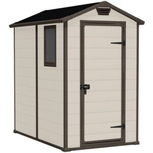 Casetta da giardino in plastica con porta e finestra, beige con cornice marrone.