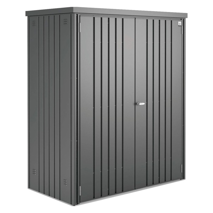 Armadio da giardino Biohort taglia 150, grigio scuro metallizzato, con doppia porta e serratura a cilindro.