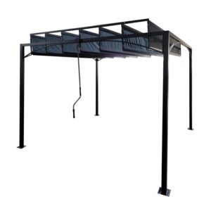 Gazebo t.b.t. nero con tetto a lamelle e manovella per la regolazione.