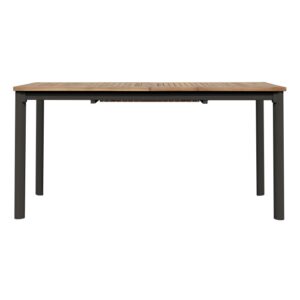 Tavolo da giardino rettangolare con piano in legno e struttura in metallo scuro.