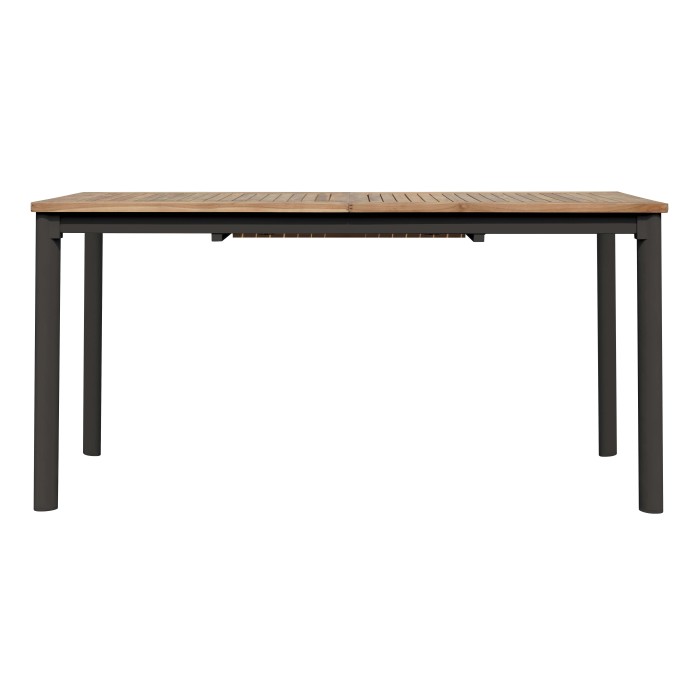 Tavolo da giardino rettangolare con piano in legno e struttura in metallo scuro.