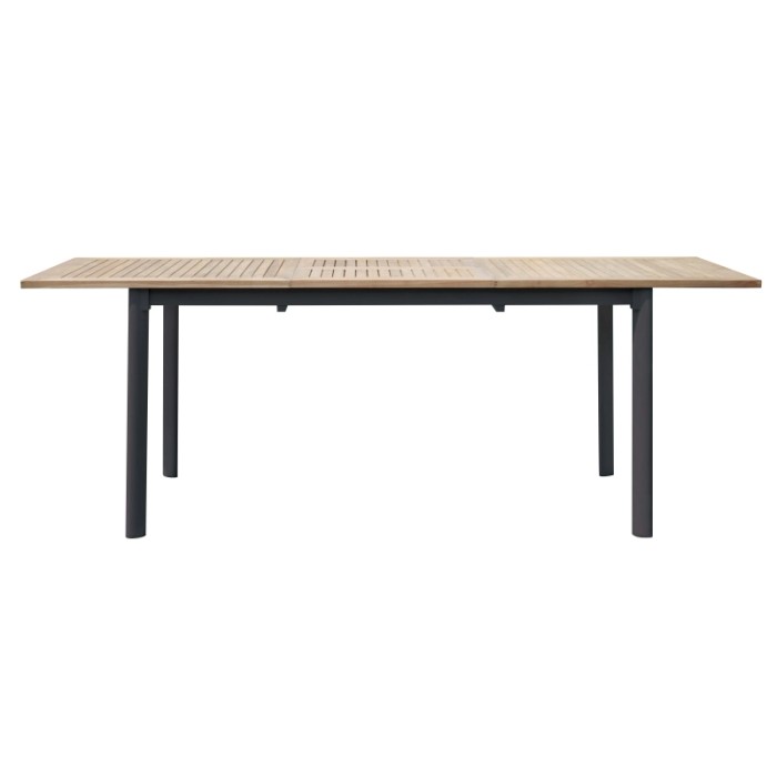 Tavolo da giardino t.b.t. con piano in legno e struttura in metallo scuro.