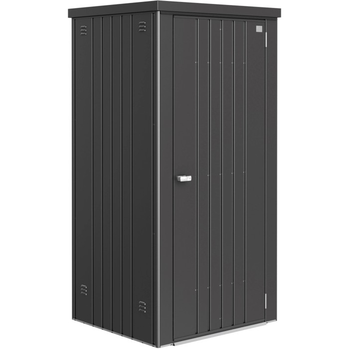 Armadio da giardino Biohort taglia 90, grigio scuro metallizzato, con porta e fessure di ventilazione.