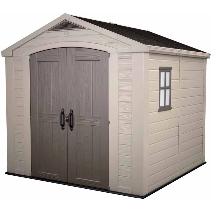 Casetta da giardino in plastica Keter, 6,32 m², in beige-grigio con doppia porta e finestra.