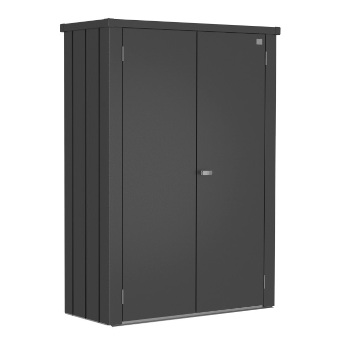 Armadio da terrazza Biohort Romeo, grigio scuro metallizzato, 181x132x57cm. Armadio da giardino con doppia anta e maniglia girevole.