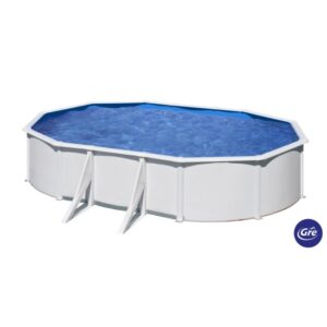 Piscina Gre Bora Bora ovale, 610x375x120 cm, piscina con pareti in acciaio bianco e acqua blu.