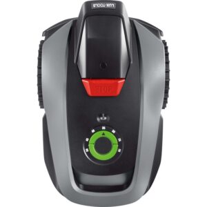 LUX-TOOLS Robot tagliaerba Oryx 300 Vision, vista dall'alto: robot tagliaerba con pulsante di stop rosso e manopola verde.