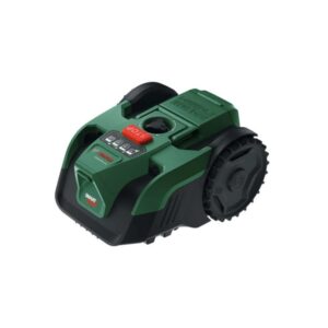 Robot tagliaerba Bosch VISIMOW18V-100 Solo verde-nero con pulsante stop rosso. Tosaerba autonomo.
