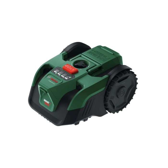 Robot tagliaerba Bosch VISIMOW18V-100 Solo verde-nero con pulsante stop rosso. Tosaerba autonomo.