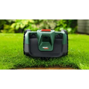 Robot tagliaerba Bosch VISIMOW18V-100 verde-nero con SmartVision su prato. Ideale per la cura del giardino.