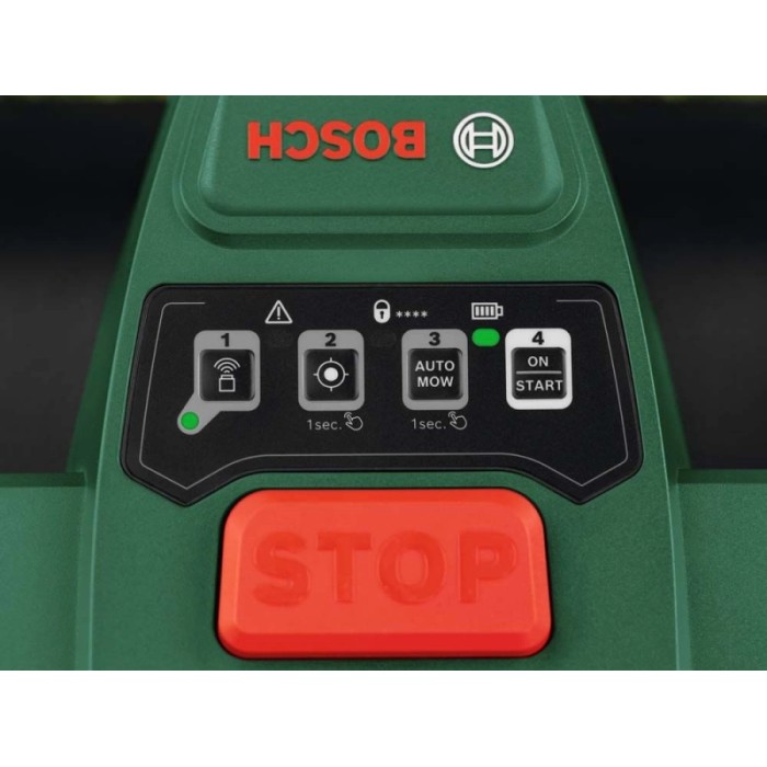Pannello di controllo del robot tagliaerba Bosch VISIMOW18V-100 verde con tasti neri e pulsante STOP rosso.