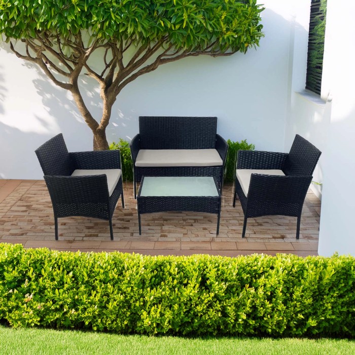 Set di mobili da giardino t.b.t. nero con tavolo, divanetto e due sedie.