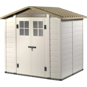 Casetta da giardino in plastica beige e marrone con doppia porta e finestre.