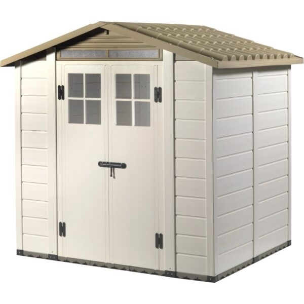Casetta da giardino in plastica beige e marrone con doppia porta e finestre.