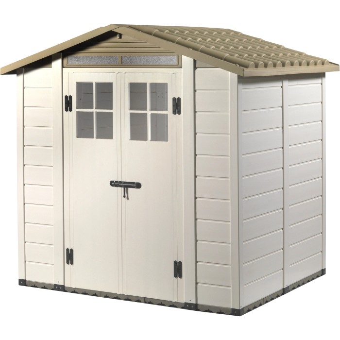 Casetta da giardino in plastica beige e marrone con doppia porta e finestre.