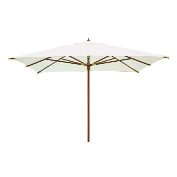 Ombrellone t.b.t. con telo bianco e struttura in legno.
