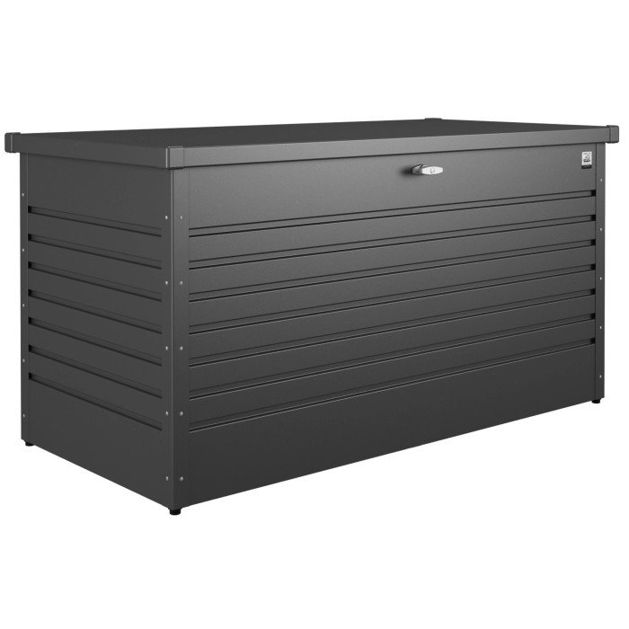 Box da giardino Biohort Leisure Box 160 grigio scuro con coperchio chiudibile a chiave.