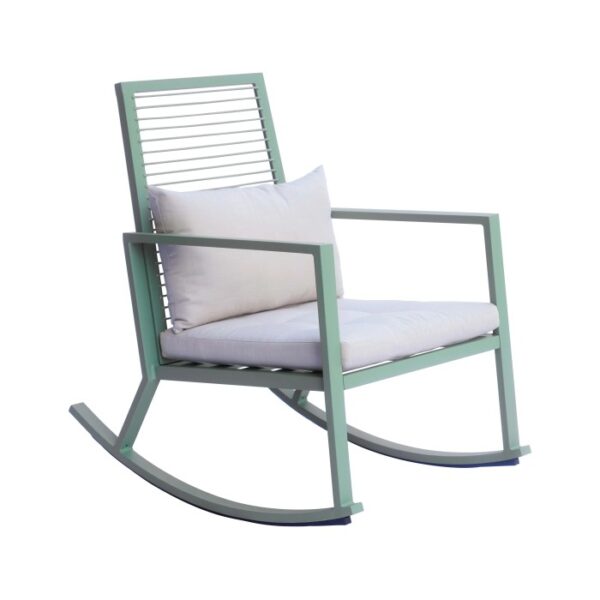 Sedia a dondolo t.b.t. verde con cuscini bianchi. Comoda sedia Dondoli per giardino e terrazza.