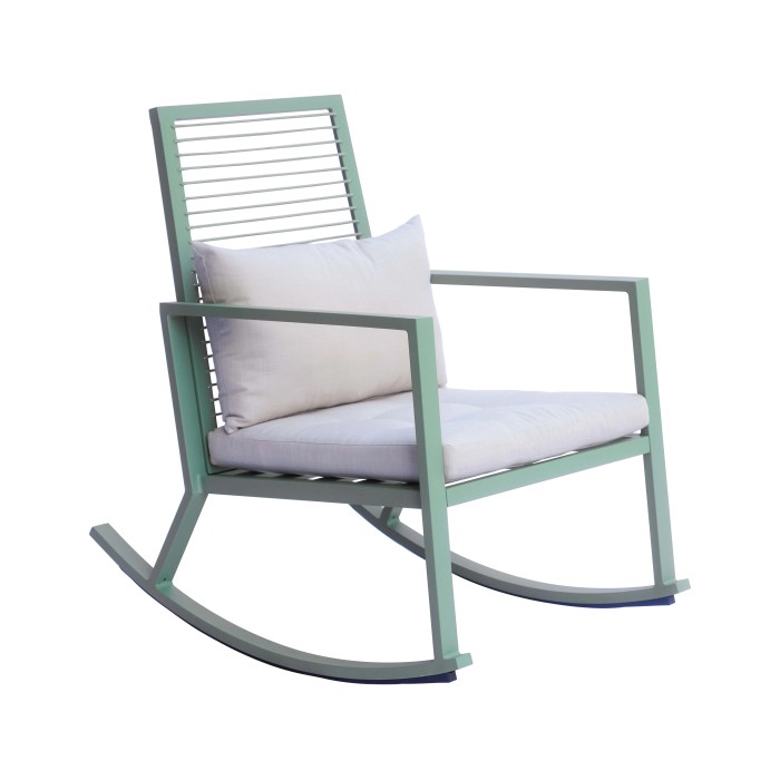 Sedia a dondolo t.b.t. verde con cuscini bianchi. Comoda sedia Dondoli per giardino e terrazza.