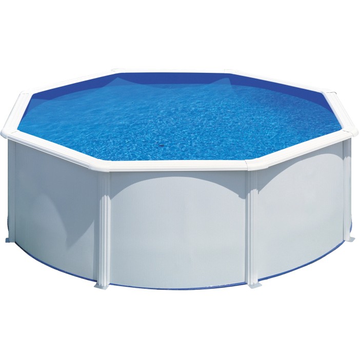 Piscina fuori terra Gre Fidji in acciaio bianco, Ø 300 cm x 120 cm, riempita con acqua blu.