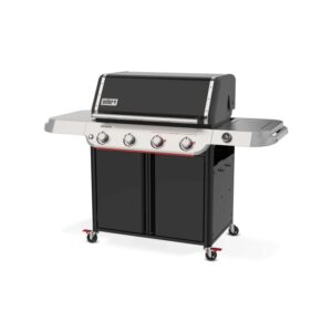 Barbecue a gas nero t.b.t. con spazio di stoccaggio e ripiani laterali per il giardino.