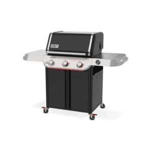 Barbecue a gas nero t.b.t. con ripiani laterali e mobiletto. Ideale per il barbecue.