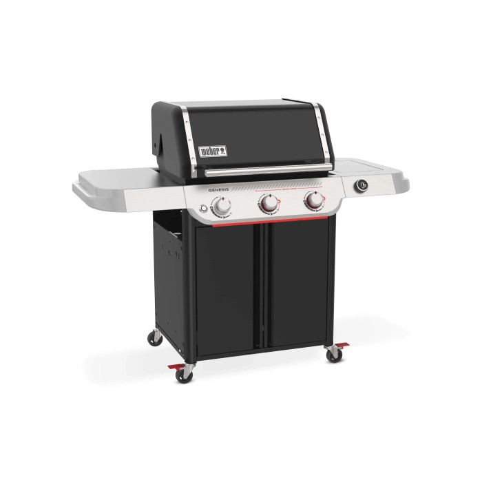 Barbecue a gas nero t.b.t. con tre bruciatori e ripiani laterali.