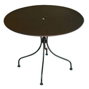 Tavolo da giardino rotondo scuro con struttura in metallo. Ideale per terrazzi e giardini.