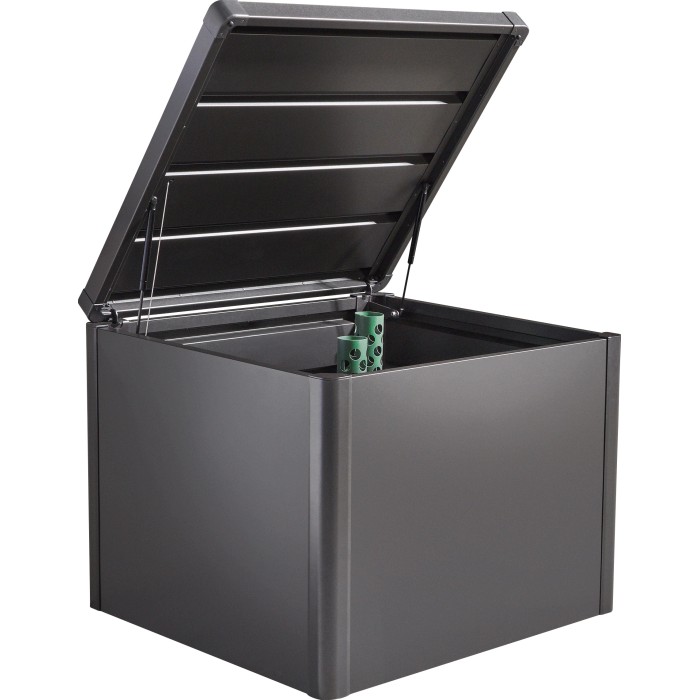 Compostiera Biohort MonAmi, grigio scuro, con coperchio aperto e tubi di ventilazione.