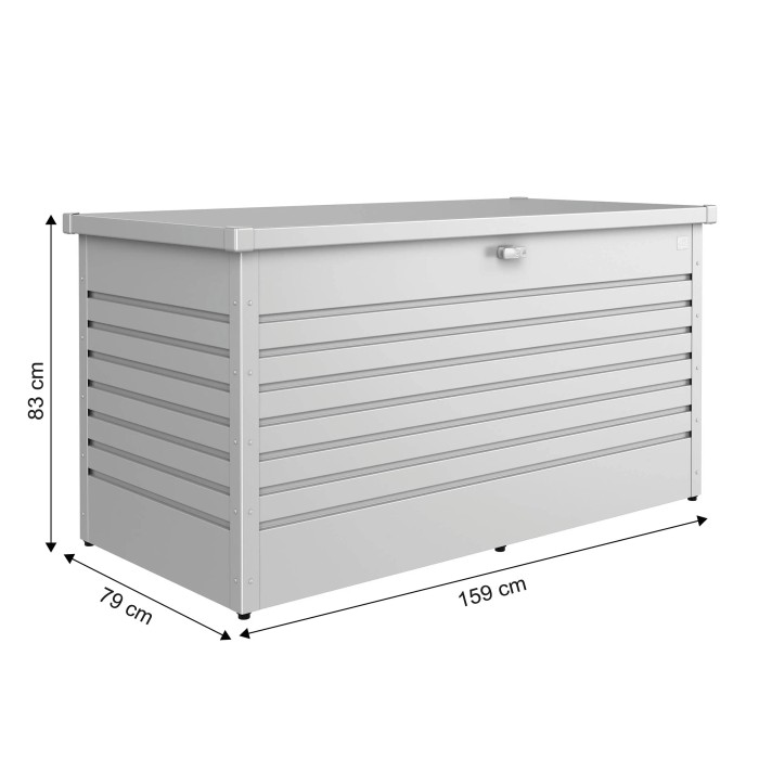 Box da giardino Biohort 160 High (83x159x79cm) argentata per riporre gli utensili.