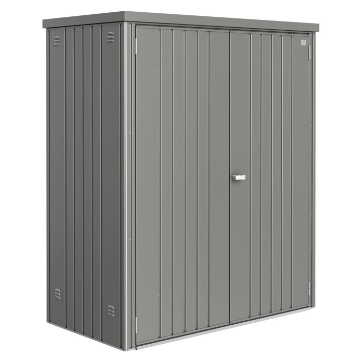 Casetta da giardino in metallo Biohort, grigio quarzo metallizzato, 1,3 m², con doppia porta. Ideale per riporre gli oggetti in giardino.