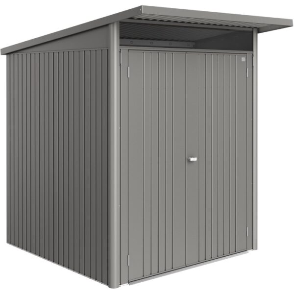 Casetta da giardino in metallo Biohort AvantGarde ECO Gr. A1, grigio quarzo metallizzato, con doppia porta.