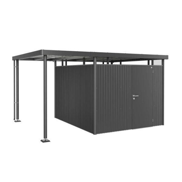 Tettoia laterale Biohort per casetta da giardino HighLine 5, grigio scuro metallizzato, con supporti e pluviale.