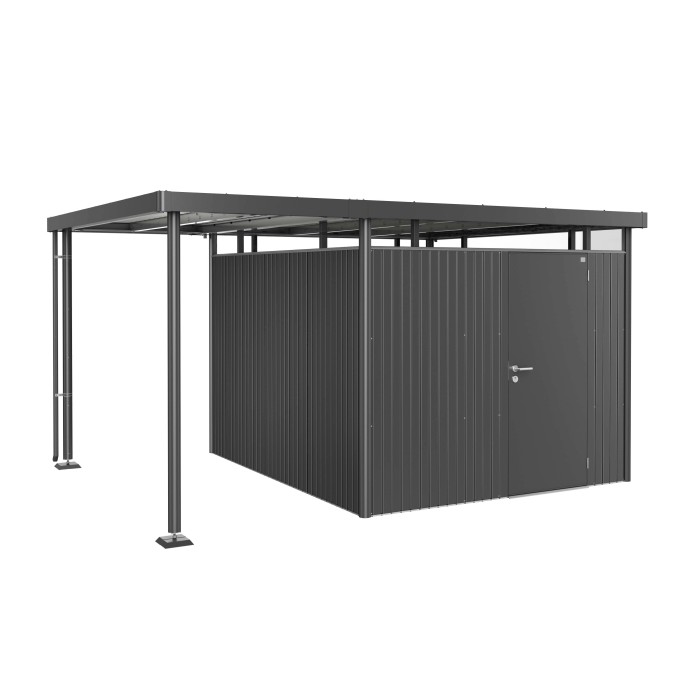 Tettoia laterale Biohort per casetta da giardino HighLine 5, grigio scuro metallizzato, con supporti e pluviale.