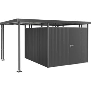Tetto laterale Biohort per casetta da giardino HighLine 5, grigio scuro metallizzato, con supporti e pluviale.
