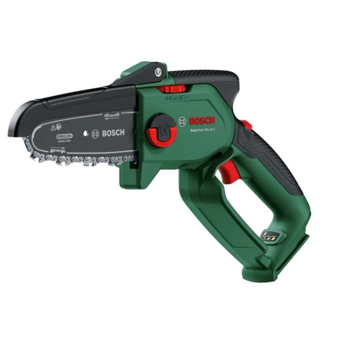 Bosch EasyChain 18V-15-7 elettrosega a batteria verde, motosega compatta per la potatura di rami.
