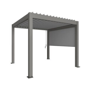 Pergola Biohort con tenda parasole grigio quarzo metallizzato. Ideale per terrazza e giardino.