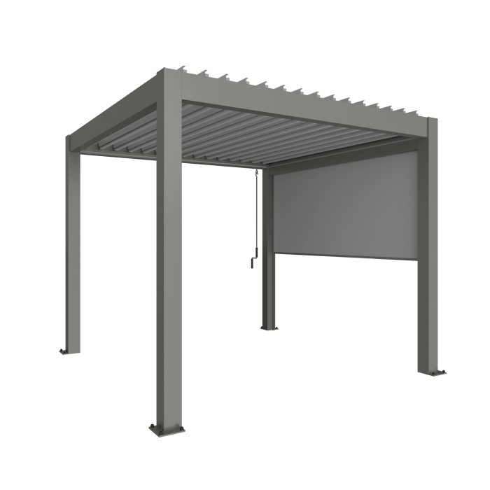 Pergola Biohort con tenda parasole grigio quarzo metallizzato. Ideale per terrazza e giardino.