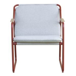 Poltrona da giardino t.b.t. con cuscino grigio e struttura rossa.