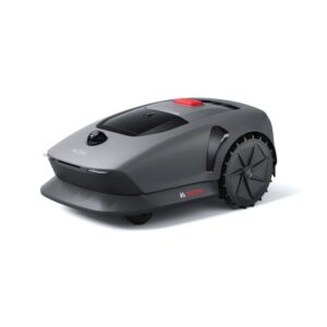 Robot tagliaerba grigio con pannello di controllo nero e dettagli rossi.