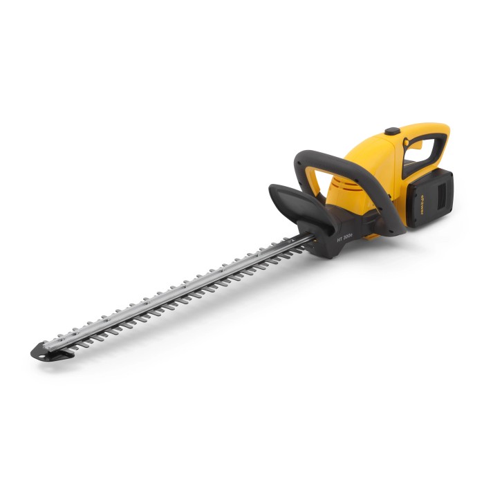 Tagliasiepi a batteria Stiga HT 300e, giallo/nero, con batteria e caricabatterie.
