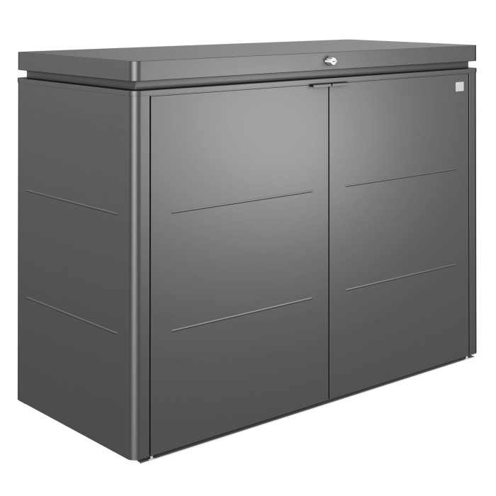 Biohort HighBoard 160 box da giardino in grigio scuro metallizzato: box universale in lamiera d'acciaio con ante a battente e coperchio chiudibile a chiave.