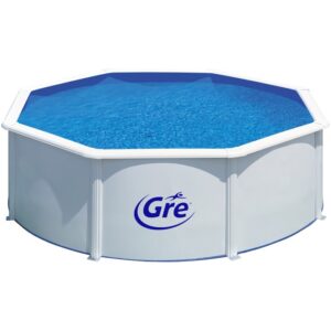 Piscina Gre Fidji con pareti in acciaio bianco, Ø 350 cm, riempita con acqua blu.